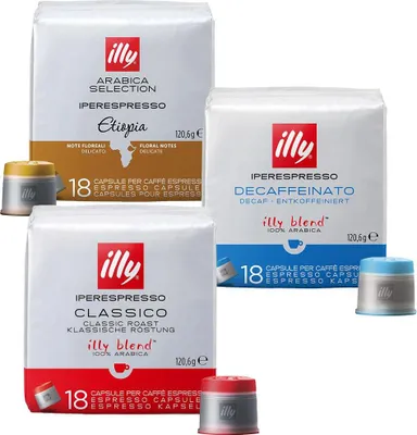 Immagine prodotto di Capsule Illy Decaffeinato 18 pezzi + Capsule Illy Espresso Classico 18 pezzi. +Capsule Illy Etiopia 18 pezzi.