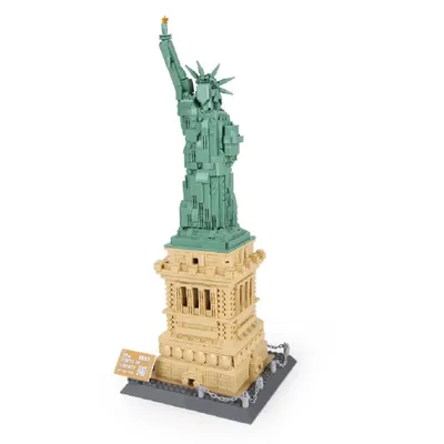 A model of the Statue of Liberty made of building blocks, displayed on a white background.