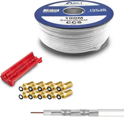 Produktbild von 100m ARLI Koaxialkabel max. 135dB + Abisoliermesser + 10x F-Stecker vergoldet
