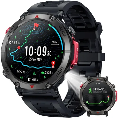 Zdjęcie produktu dla Inteligentny zegarek męski z GPS, czarny, z funkcjami: kompas, latarka, pomiar ciśnienia krwi, wodoszczelność, monitorowanie tętna, funkcja telefonu, monitor snu