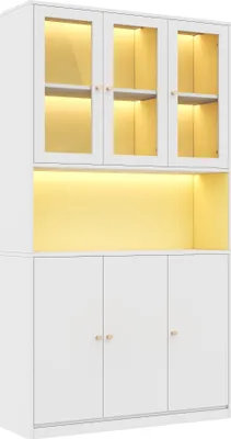 Produktbild von Merax Glasvitrine mit LED-Beleuchtung, Offenes Fach mit Kabelmanagement, 3 Glastür, 3 Holztür, Bücherschrank für Wohnzimmer und Esszimmer, Weiß