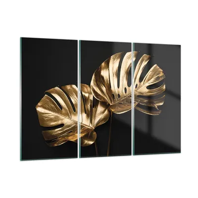 Produktbild von Bilder auf glas - 3 Teile - Golden Blätter Monster - 105x70cm - Glasbilder - Wandbilder - Bilder - zum Aufhängen bereit - Wanddekoration aus Glas - Glas Bilder - Wandbild auf Glas - GCE105x70-4735
