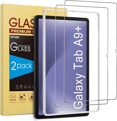A product shot of screen protectors for a Samsung Galaxy Tab A9 Plus, with the packaging visible on the left.