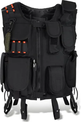 A black tactical vest with multiple pouches and straps, displayed against a white background.