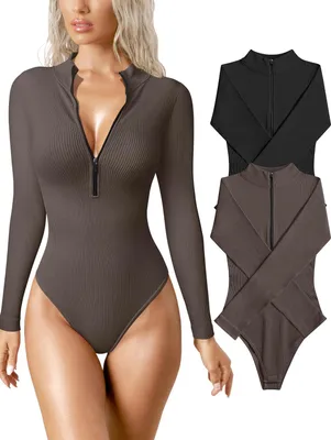 Imagen del producto de Conjunto de dos bodies de mujer, con textura de punto, cremallera larga, cómodos, en color  y marrón