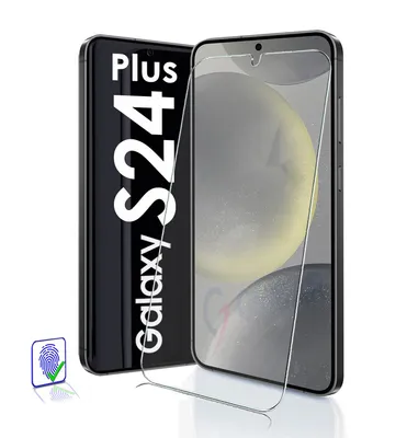 A product shot of a screen protector for a Samsung Galaxy S24+ phone, with the phone itself shown in the background.
