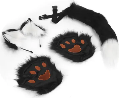Produktbild von Plüsch-Ohr-Pfoten-Schwanz-Set, hohe Simulation, Kunstpelz, Wolf, Katze für Cosplay, Karneval, Party, Weiß, Schwarz