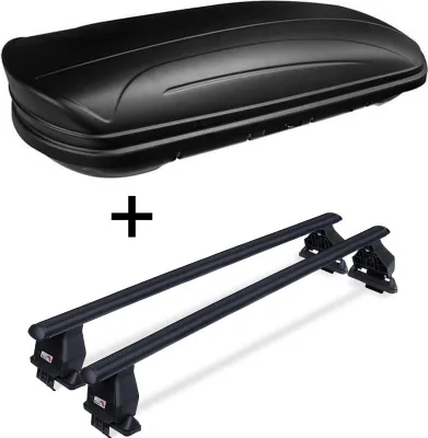 Produktbild von Dachbox VDPMAA320 abschließbar schwarz matt 320 Ltr + Dachträger Menabo Tema kompatibel mit Ford Focus 5Türer ab 2011 Stahl
