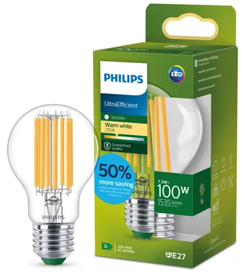 Produktbild von Philips Filament-Lampe, transparent, 100W A60 E27, 7,3 W, 100 W, E27, 1535 lm, 50000 h, Warmweiß