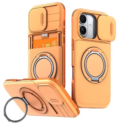 Obrázek produktu pro Pouzdro pro iPhone 17/iPhone 16 Pro, Přihrádkou na karty, posuvným krytem fotoaparátu, kroužkovým stojánkem Oranžová