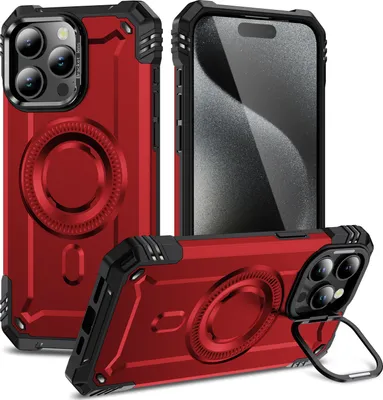 Produktbild von Magnetisch Hülle für iPhone 15 Pro, Heavy Duty Militärischer Stoßfest Handyhülle Kamera-Ringständer Rot