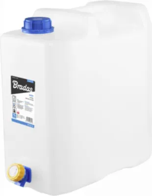 A white plastic water container with a blue cap and a yellow and blue tap.