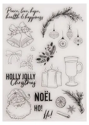 Klare Silikonstempel Weihnachten, 15x21 cm, Weihnachtsmann, Glocken, Beeren