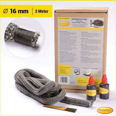 Immagine prodotto di Guarnizione per caminetti e stufe Temprix Ø 16 mm - 3 metri, colla inclusa | Cordoncino ignifugo per stufe e caminetti e nastro sigillante resistente a temperature fino a 650 °C | Guarnizione per caminetti, stufe e barbecue