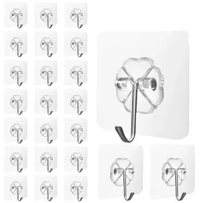 Produktbild von 24 selbstklebende Haken – kein Bohren erforderlich – transparente Wandhaken aus Edelstahl 304, wasser- und ölbeständig, multifunktionale selbstklebende Haken für Küche, Bad, Decke und Fliesen – Tragkraft bis zu 10 kg