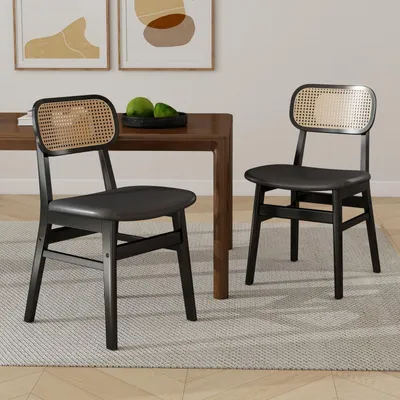 Produktbild von Set aus 2 Kunstleder-Esszimmerstühlen mit Holzbeinen in Schwarz