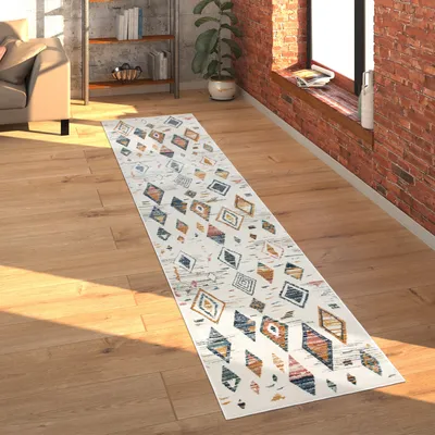 Immagine prodotto di Tappeto soggiorno a pelo corto moderno astratto boho scandinavo motivo a rombi pastello dimensioni 80x150 cm
