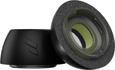 Two black ear tips for earbuds, one shown from the side and the other from the front, revealing the mesh interior.