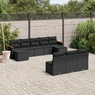 Produktbild von Design 10-tlg. Garten-Sofagarnitur mit Kissen Schwarz Poly Rattan, Gartenmöbel-Sets 2024 Neu