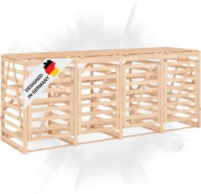 Produktbild von DELUKE® 4er Mülltonnenbox Kiefernholz BOUMI | 318x91,5x128,5cm Natur | Mülltonnenverkleidung für 4 Tonnen Müllbox aus Holz Mülltonnenschutz Mülltonnendach
