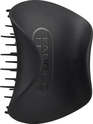 A black Tangle Teezer scalp exfoliator and massager is shown from a side angle on a white background.