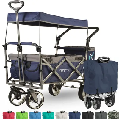 Produktbild von IMLEX Bollerwagen faltbar mit Dach IM-4268 Mitternachtblau | Hohe Stabilität, 1X 3-Punkt Gurtsystem | Handwagen klappbar mit Schiebegriff ideal für 2 Kinder