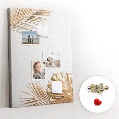 Obrázek produktu pro Korková nástěnka s kolíčky - Tabule s kolíky pro fotografie a poznámky - 70x100 cm - Připínáčky kovové 100 kusů - Zlaté listy