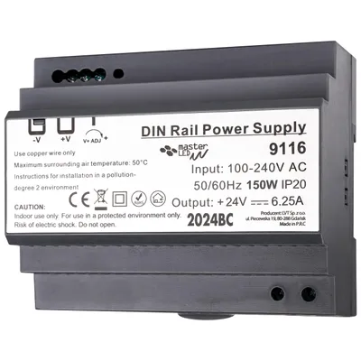 Obrázek produktu pro Napájecí zdroj MasterLED na DIN lištu 24 V, 150 W, 6,25 A, IP20