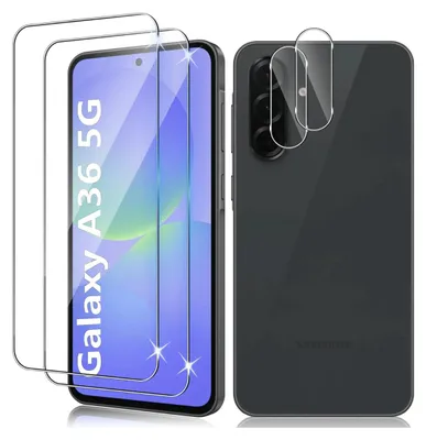 A product shot showing screen protectors and camera lens protectors for a Samsung Galaxy A36 5G phone.