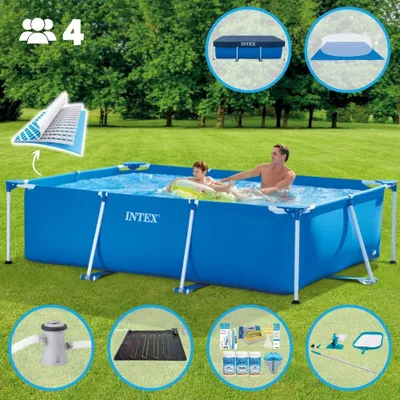 Produktbild von Intex-Schwimmbecken mit rechteckigem Rahmen – 260 x 160 x 65 cm – Blau – im Lieferumfang enthalten Abdeckung - Bodenplane - Filterpumpe für Schwimmbad - Solarmatte - Wartungspaket - Reinigungskit