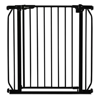 A black metal baby gate is shown against a white background.