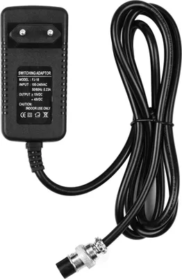 A black switching power adapter with a coiled black cable and a silver connector.