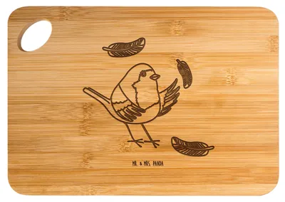 Produktbild von Mr. & Mrs. Panda Holzbrett Rotkehlchen Federn - Transparent - Geschenk, Vogel, Spruch Motivation, Küchenbrett, Brett, Mut, Frühstücksbrett, fliegen, Sprüche, schneidbrett