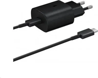 A black Samsung fast charger with a USB-C cable against a white background.