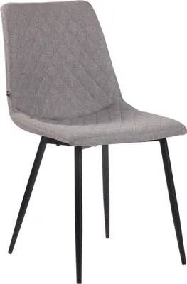 A gray fabric chair with black metal legs, shown from a front-diagonal angle against a white background.