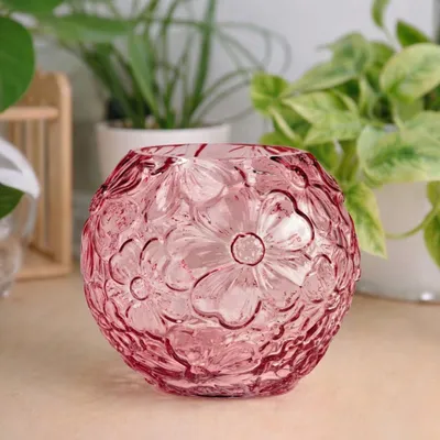 Produktbild von Blumenvase aus Glas in Rosa mit Blumen-Muster in Ø 15 cm