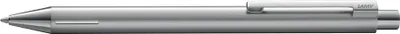 A close-up, side view of a silver pen on a white background.