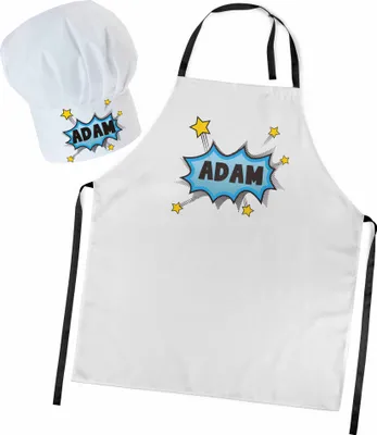 Produktbild von Personalisierte Kochmütze + Kochschürze Set 2tlg. Für Kinder, Jungen und Mädchen, Weiß, Schürze mit Ihrem Namen, Knall [099]