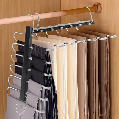 Produktbild von Hosenbügel 6-in-1, Edelstahl, Platzsparend, Rutschfest, für Kleidung, Schwarz