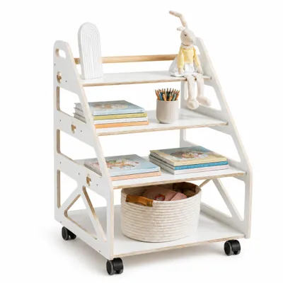Productafbeelding van Kinderboekenkast 3-in-1 Montessori van hout met wielen - Boekenrek, speelgoedopberger en leesstoel - Wit
