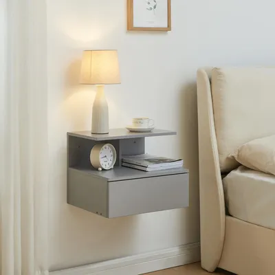 Image de Étagère murale 'Amberg' Table de nuit suspendue 40 x 35 x 31 cm avec tiroir et 2 étagères Gris clair
