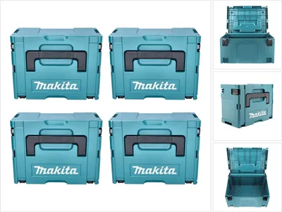 Four teal Makita tool cases are arranged in a 2x2 grid on a white background. Smaller images of the cases are shown on the right side of the main image.