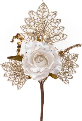 Produktbild von Zweig MagicHome Weihnachten, mit Rose, weiß-golden, 26 cm