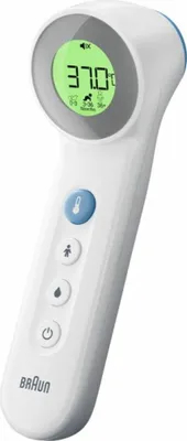 A white digital thermometer against a white background.