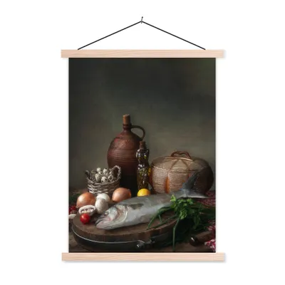 Produktbild von MuchoWow® Textilposter Rustikal - Fisch - Stilleben - Gemüse - Kräuter 40x53 cm mit holzfarbenen Rahmen - Schlafzimmer