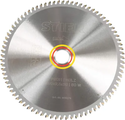 Produktbild von STIER Profi Kreissägeblatt, für Kapp- und Gehrungssägen, Holz, 260x2,5x30, 80 Wechselzähne, gehärtet, -5° neg. Spanwinkel