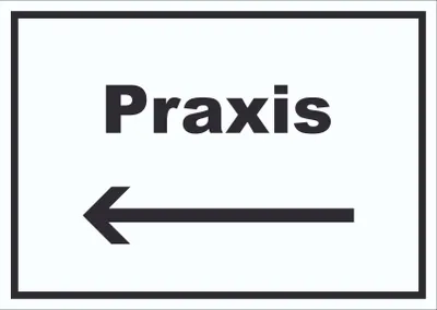 Produktbild von Praxis Schild mit Text und Richtungspfeil links Arzt Gesundheit waagerecht A3 Rückseite selbstklebend