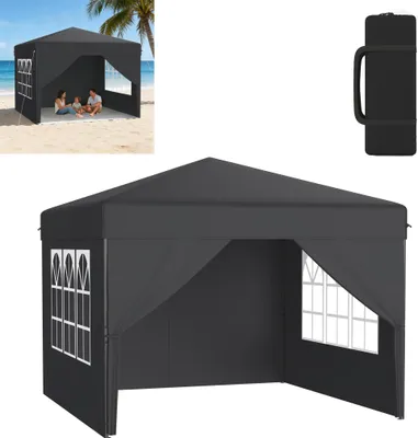 Produktbild von XMTECH Faltpavillon Pop-Up Pavillon 3x3 m, Wasserdicht & UV-Schutz, Ein-Knopf-Schnellaufbau, 3-fach höhenverstellbar, Anthrazit (mit Seitenwände)