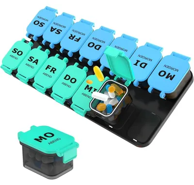 Produktbild von Tablettenbox 7 Tage morgens abends 14 Fächer herausnehmbar feuchtigkeitsresistent Blau/Türkis