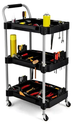 Produktbild von Werkzeugwagen mit 3 Ebenen, Rollwagen mit Griff, Werkzeugschlitzen und Universalrädern, robuster Aufbewahrungswagen für Garage und Werkstatt